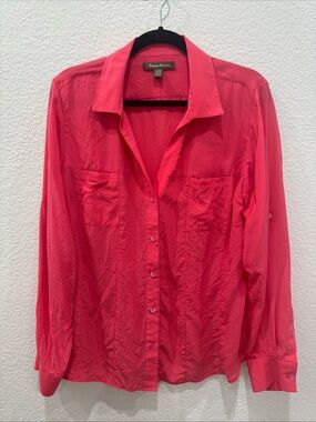 TOMMY BAHAMA Red 100% Silk Button Up Blouse Long Roll Tab Sleeves V-Neck Women L